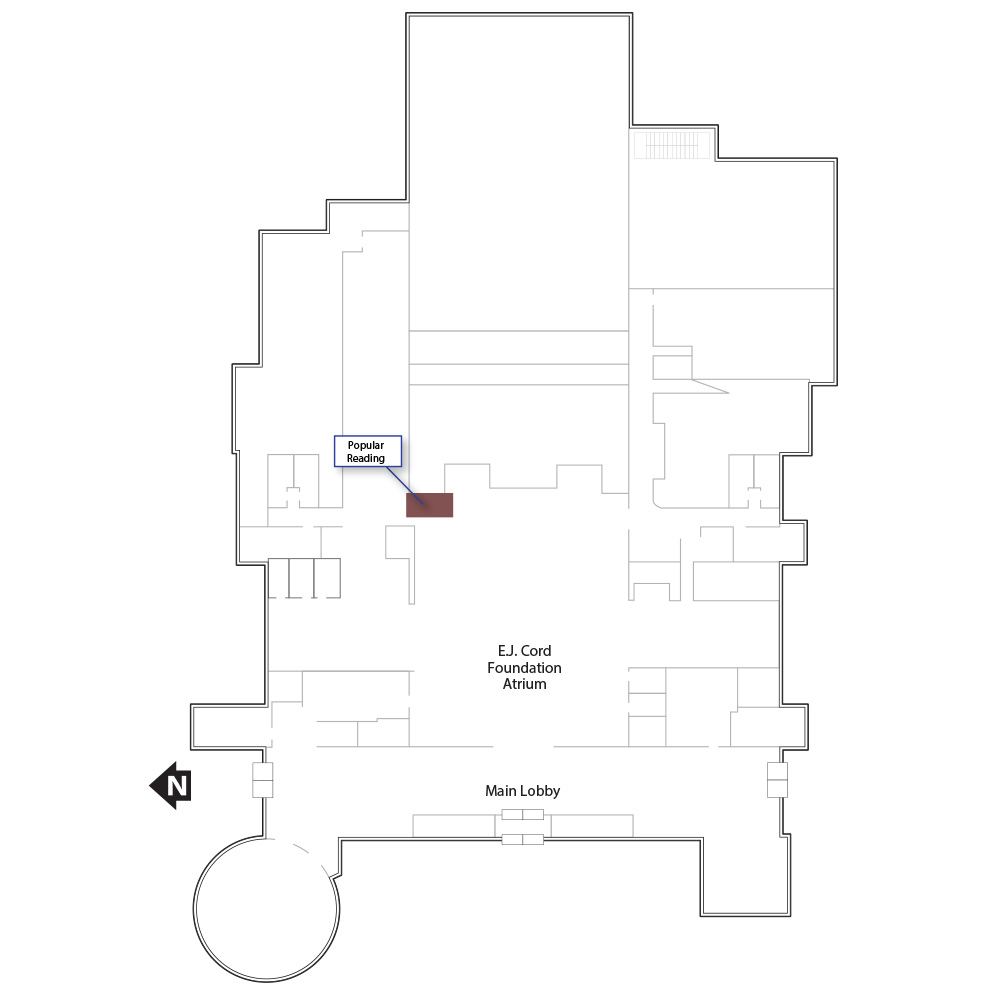 Outline of the second floor with a brown polygon highlighting the location of the popular reading materials. 