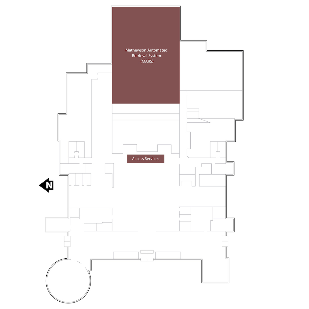 Outline of the second floor with a brown polygon highlighting the location of MARS and the Access Service desk. It also includes annotations for the location of the stairs in the center of the floor and the elevator in the southeastern corner of the floor.