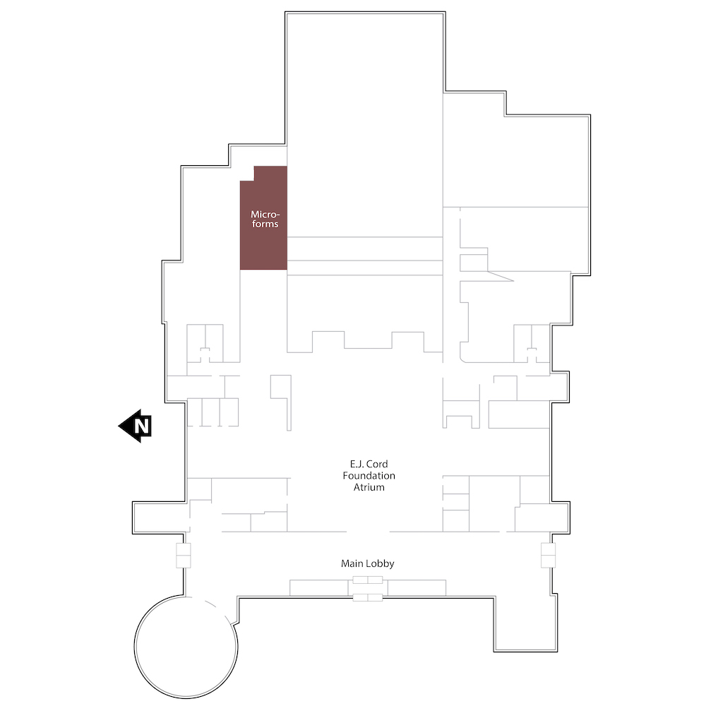 Outline of the second floor with a brown polygon highlighting the location of microform materials. It also includes annotations for the location of the stairs in the center of the floor and the elevator in the southeastern corner of the floor.