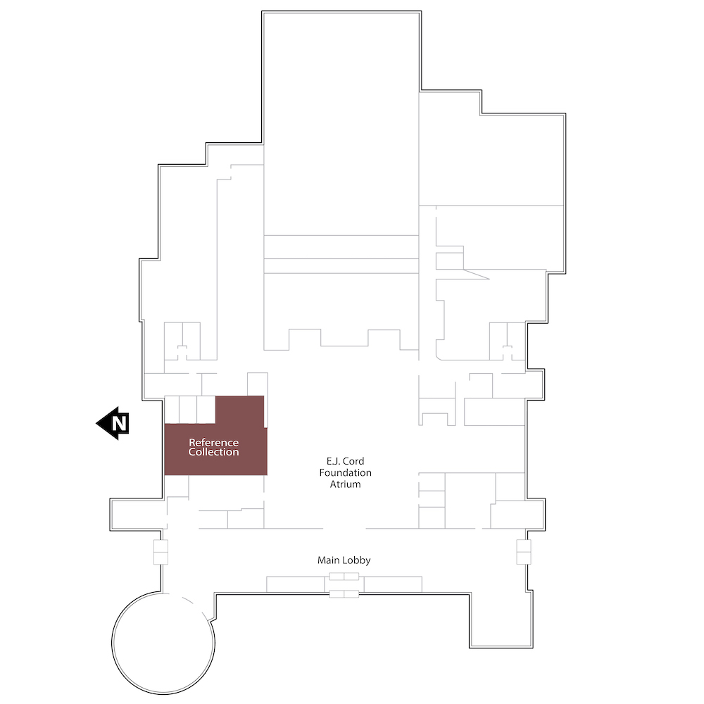 Outline of the second floor with a brown polygon highlighting the range housing materials the Libraries’ reference materials. It also includes annotations for the location of the stairs in the center of the floor and the elevator in the southeastern corner of the floor.