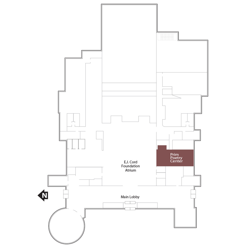 Outline of the second floor with a brown polygon highlighting the range housing materials the Libraries’ Prim Poetry Center materials. It also includes annotations for the location of the stairs in the center of the floor and the elevator in the southeastern corner of the floor.
