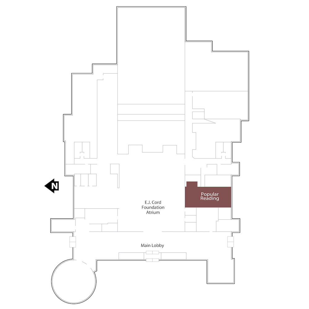 Outline of the second floor with a brown polygon highlighting the range housing materials the Libraries’ popular reading materials. It also includes annotations for the location of the stairs in the center of the floor and the elevator in the southeastern corner of the floor.