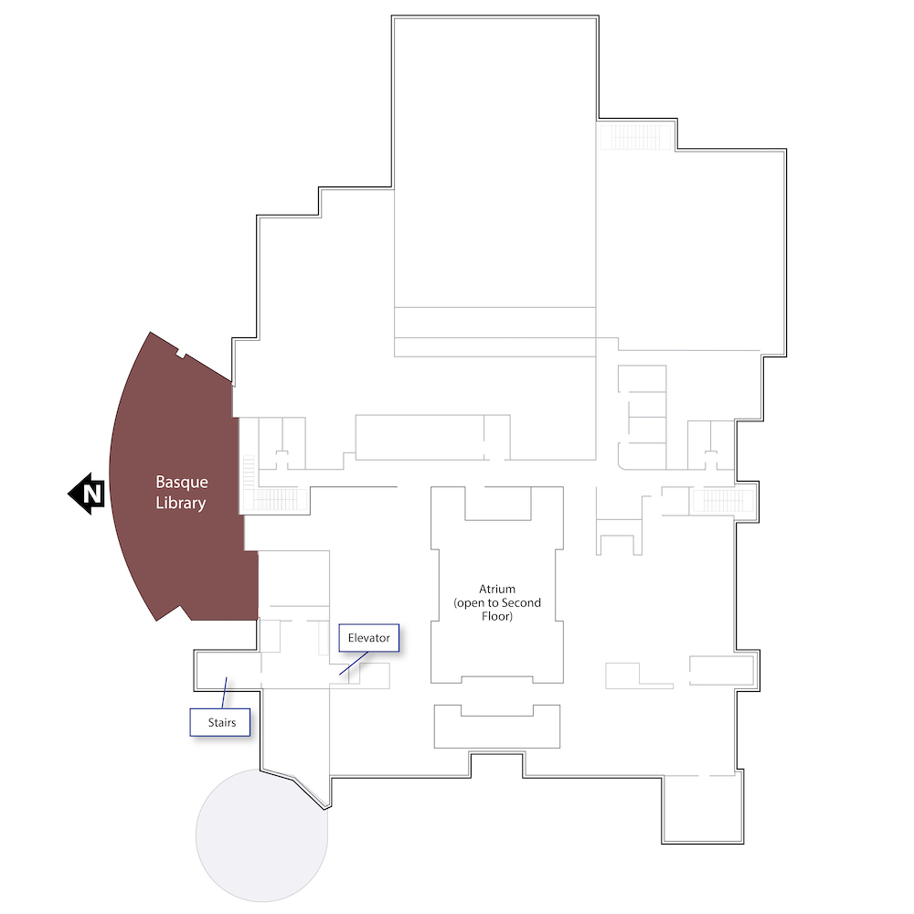 Outline of the fourth floor with a brown polygon highlighting the range housing materials from the Basque Library. It also includes annotations for the location of the stairs to the library at the north end of the main lobby and the elevator to the library near the Bytes Cafe.