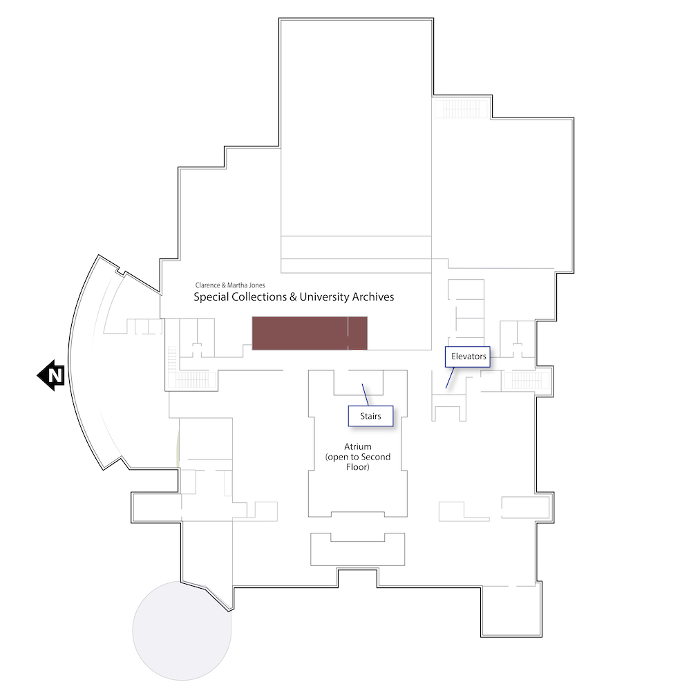 Outline of the fourth floor with a brown polygon highlighting the range housing materials from Special Collections and University Archives. It also includes annotations for the location of the stairs in the center of the floor and the elevator in the southeastern corner of the floor.