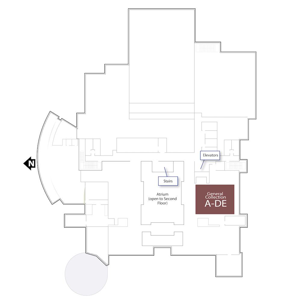 Outline of the fourth floor with a brown polygon highlighting the range housing materials with call numbers starting with A-DE. It also includes annotations for the location of the stairs in the center of the floor and the elevator in the southeastern corner of the floor.