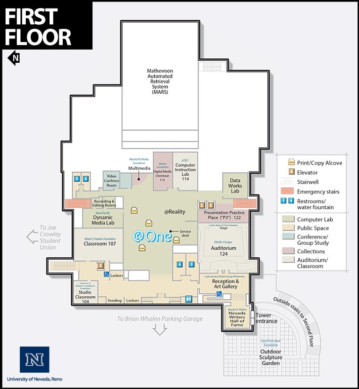 The First Floor map is a map of the Knowledge Center at the University of Nevada, Reno main campus showing all of the rooms and features of the First Floor of the Knowledge Center.  The map legend includes: Print/Copy Alcove Elevators Stairwells Emergency Stairs Restrooms/water fountains Computer Lab Public Space Conference/Group Study Collections Auditorium/Classroom Getting to the First Floor of the Knowledge Center The First Floor of the Knowledge Center includes an outside entrance facing west that leads to the Outdoor Sculpute Garden and the Whalen Parking Garage. Stairs are also located on the west side of the floor which will lead to the Second Floor, and on the northwest corner of the floor, which will also lead to the Second Floor or the Basque Library. Public elevators are located on the northeast corner of the floor, and on the southeast corner.  Features of the First Floor The First Floor includes the Nevada Writer's Hall of Fame near the west entrance, which leads to the Reception and Art Gallery outside of the Wells Fargo Auditorium. There are gendered restrooms and also a gender neutral/family restroom outside of the Reception and Art Gallery.  Walk through the foyer to find vending and lockers, and Studio Classroom 104 and 107.  The @One studio with computers for University users is through the foyer to the east. There is a services desk and the @Reality lab on your right, and the Dynamic Media Lab, recording and editing rooms, a video conference room, emergency stairs, and a gendered restroom on your left.  Through the @One to the east is the Multimedia Lab, the Digital Media Checkout room, and Computer Instruction Lab room 114. Down the hall to your right is the Data Works Lab and emergency stairs.