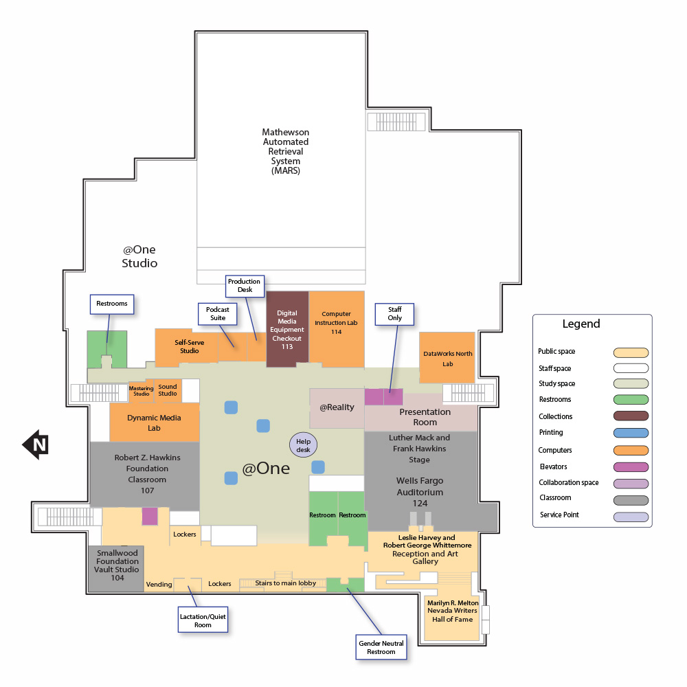 The First Floor map is a map of the Knowledge Center at the University of Nevada, Reno main campus showing all of the rooms and features of the First Floor of the Knowledge Center.