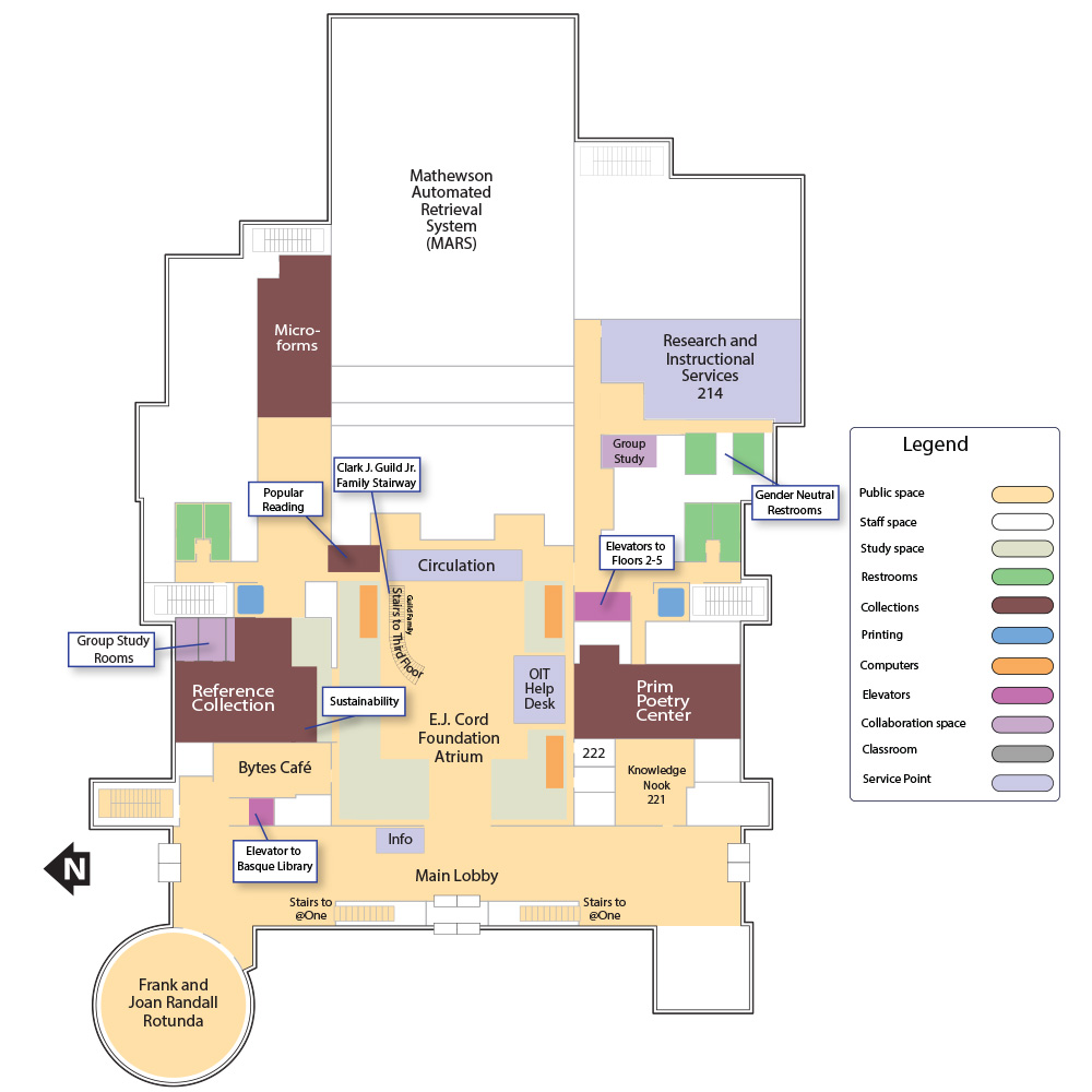 The Second Floor map is a map of the Knowledge Center at the University of Nevada, Reno main campus showing all of the rooms and features of the Second Floor of the Knowledge Center.