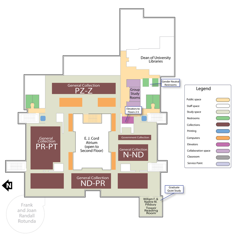 The Fifth Floor map is a map of the Knowledge Center at the University of Nevada, Reno main campus showing all of the rooms and features of the Fifth Floor of the Knowledge Center.