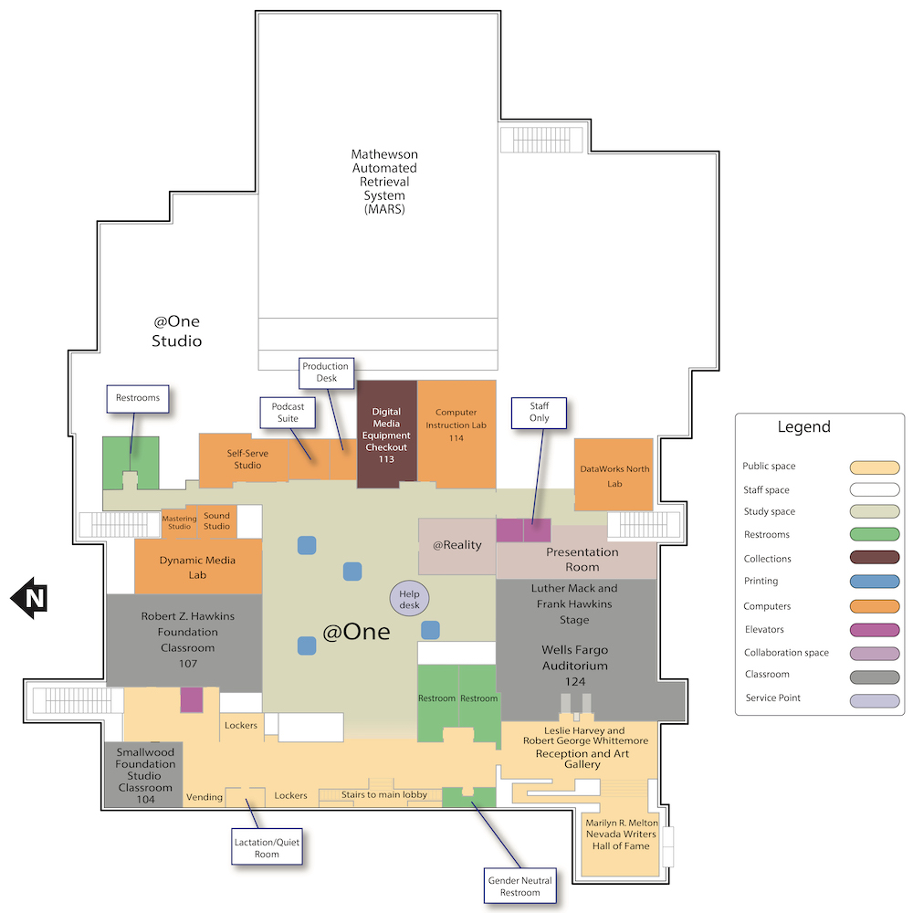 The First Floor map is a map of the Knowledge Center at the University of Nevada, Reno main campus showing all of the rooms and features of the First Floor of the Knowledge Center.