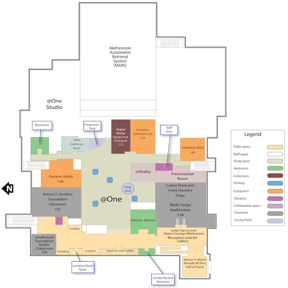 The First Floor map is a map of the Knowledge Center at the University of Nevada, Reno main campus showing all of the rooms and features of the First Floor of the Knowledge Center.