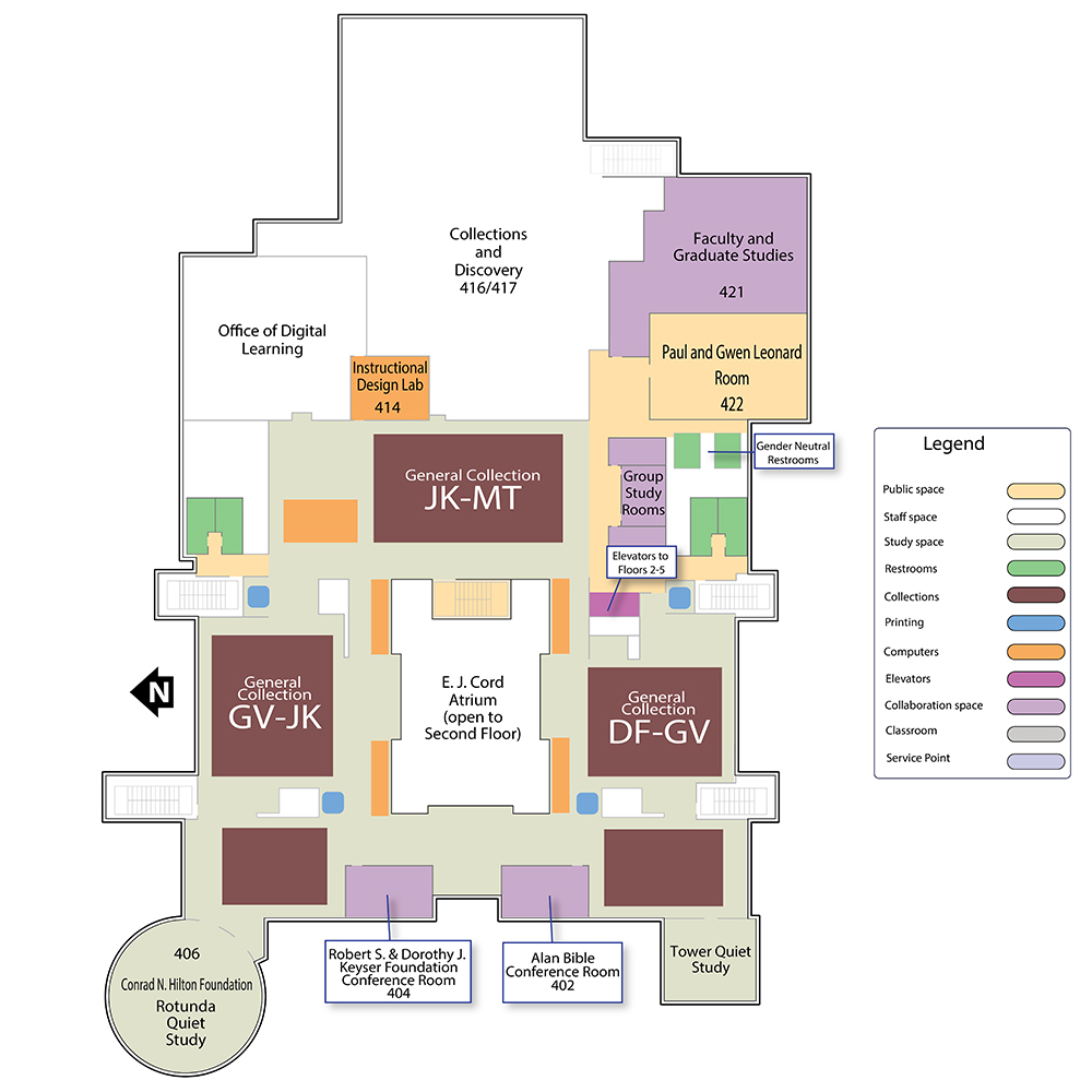 The Fourth Floor map is a map of the Knowledge Center at the University of Nevada, Reno main campus showing all of the rooms and features of the Fourth Floor of the Knowledge Center.