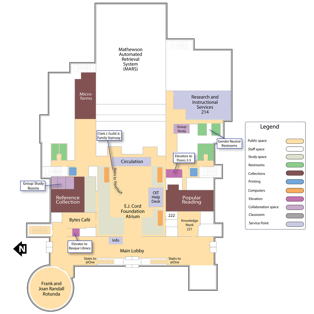 The Second Floor map is a map of the Knowledge Center at the University of Nevada, Reno main campus showing all of the rooms and features of the Second Floor of the Knowledge Center.