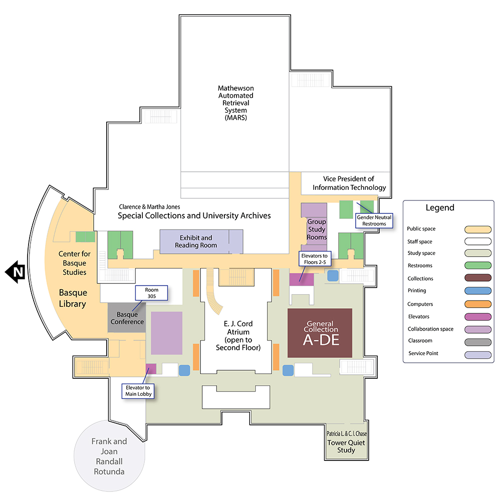 The Third Floor map is a map of the Knowledge Center at the University of Nevada, Reno main campus showing all of the rooms and features of the Third Floor of the Knowledge Center.