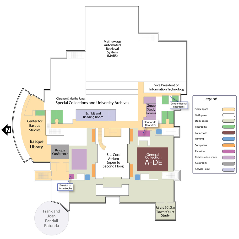 The Third Floor map is a map of the Knowledge Center at the University of Nevada, Reno main campus showing all of the rooms and features of the Third Floor of the Knowledge Center.