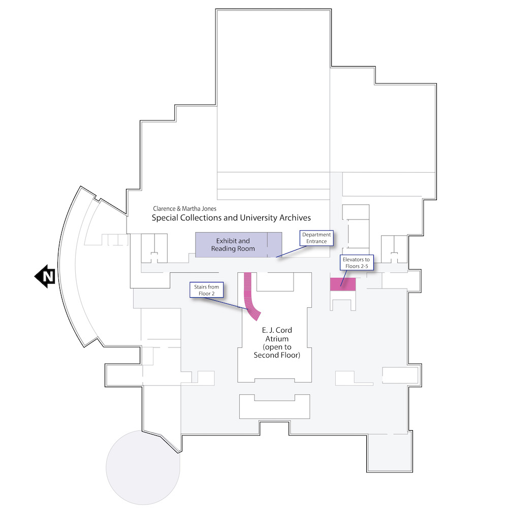 Outline of the third floor with a purple polygon highlighting the location of the special collections reading room in the center of the floor. It also includes annotations for the location of the stairs in the center of the floor and the elevator in the southeastern corner of the floor.