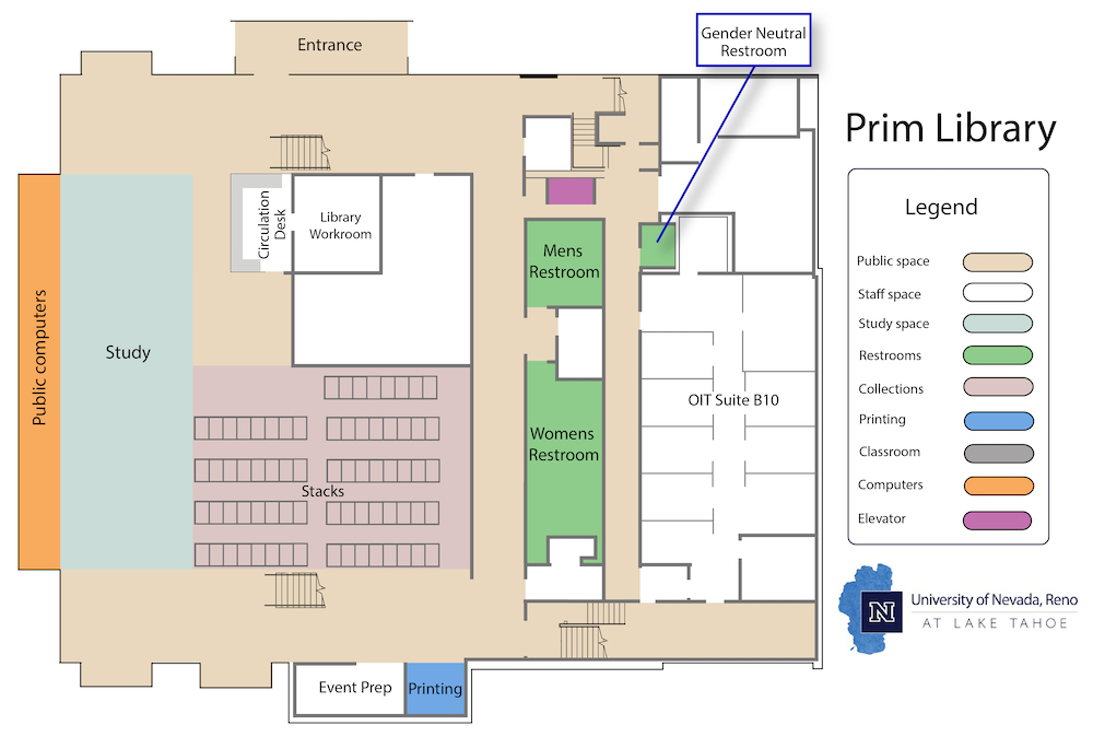 A map of the first floor of Prim Library. It includes colors differentiating public and staff spaces, in addition to room and service labels. The floor features a service desk near the entrance, a large atrium with study space, public computers along the West wall, public printing along the south wall, and restrooms in the center of the floor.