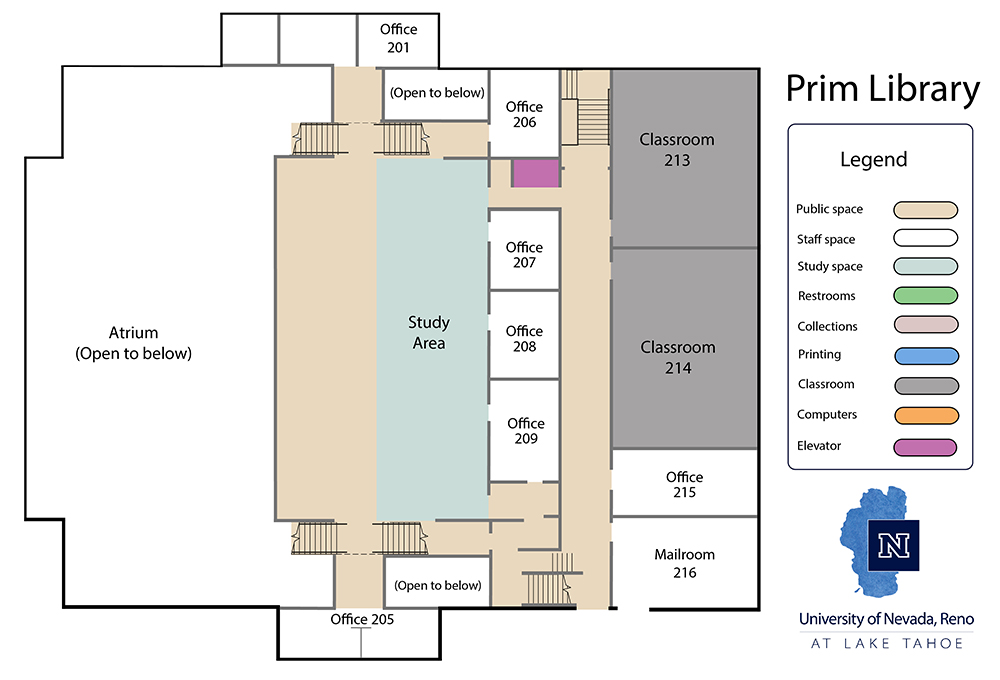 A map of the second floor of Prim Library. It includes colors differentiating public and staff spaces, in addition to room labels. The primary public space on the floor is located in the center of the floor on a mezzanine used for studying.