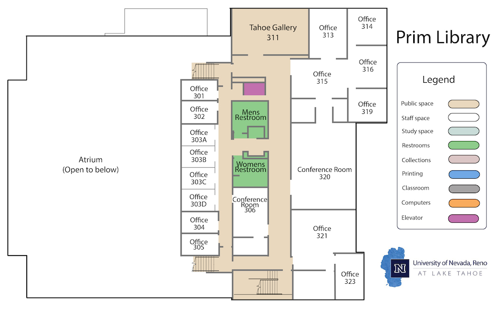 A map of the third floor of Prim Library. It includes colors differentiating public and staff spaces, in addition to room labels. The floor is primarily used for administrative offices, with the exception of a gallery space.