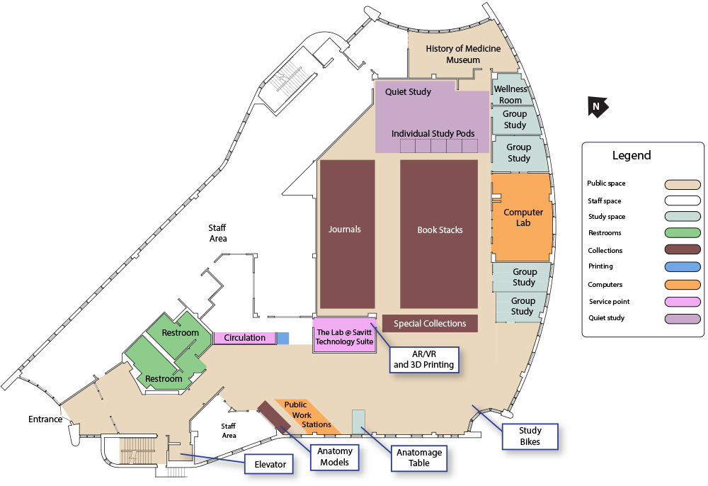 A map of the Savitt Medical Library. It includes colors differentiating public and staff spaces, in addition to room and service labels. The floor features a service desk and restrooms near the lower left-hand corner of the space, next to the library’s entrance. Group and quiet study areas are located on the opposite end of the floor, near the History of Medicine Museum.