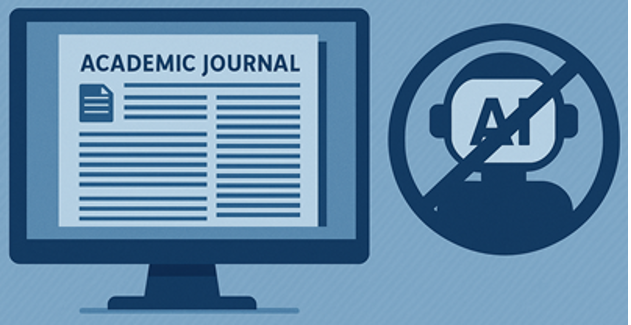 AI generated image depicting a computer screen with "Academic Journal" written on it. There is a circle with an "X" through a robot-looking figure with the words "AI" on it.