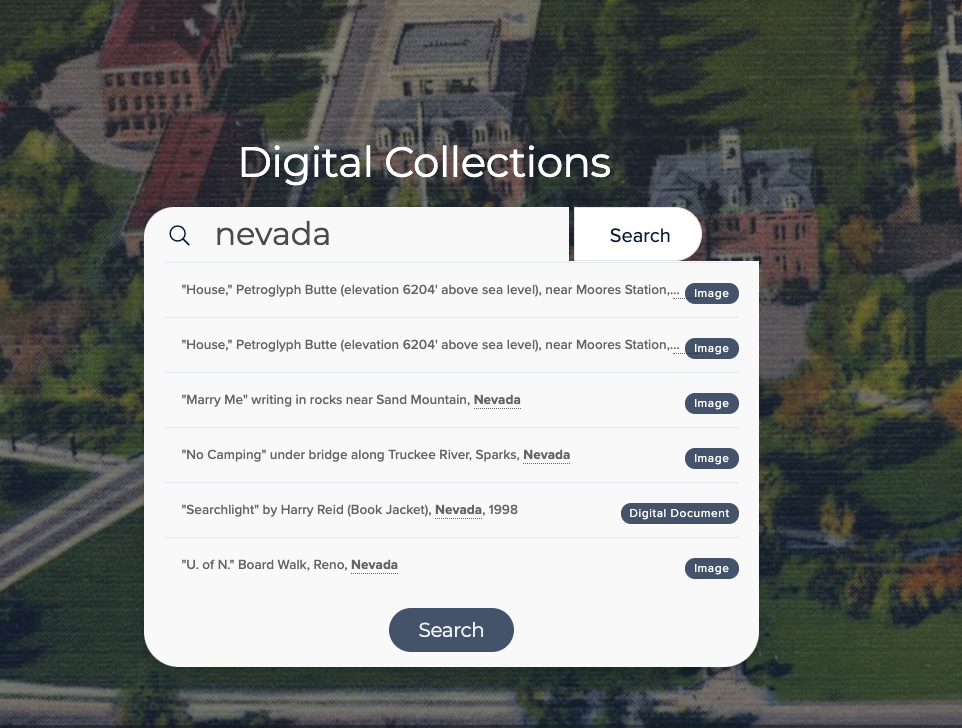 Screenshot showing the predictive search options given to a user searching for "Nevada" in the new Digital Archive.