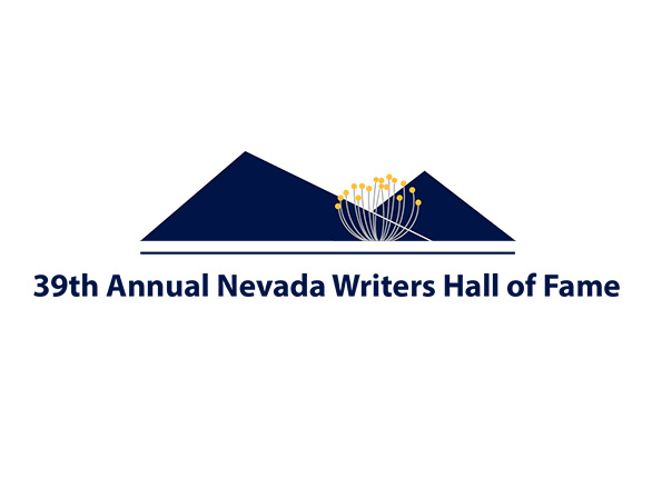 The Nevada Writers Hall of Fame logo featuring two blue mountain ridges with golden sagebrush sprigs in front. The text reads "39th Annual Nevada Writers Hall of Fame”
