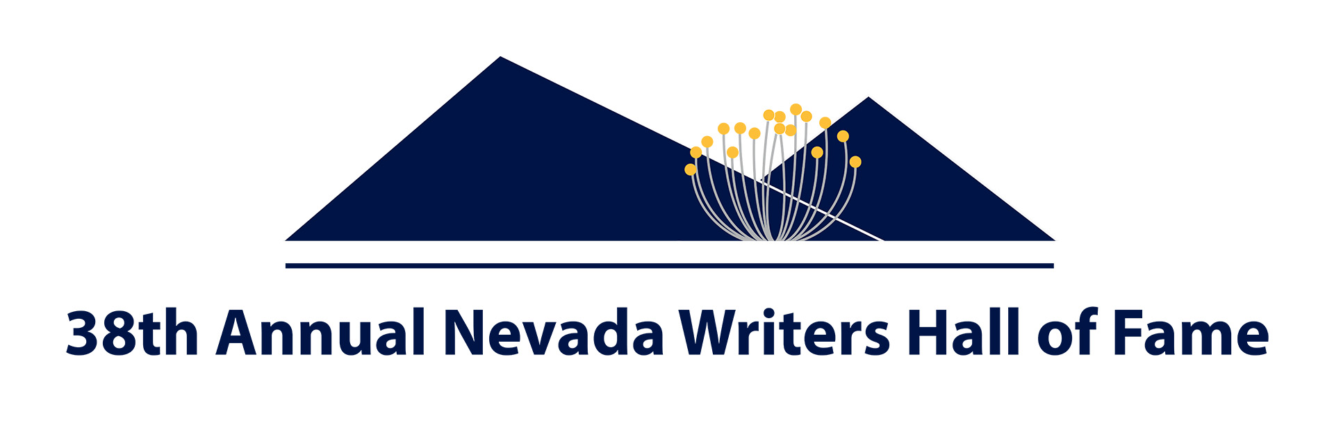 Nevada Writers Hall of Fame Logo consisting of blue mountains, and golden sage in the foreground. The text reads: 38th Annual Nevada Writers Hall of Fame.