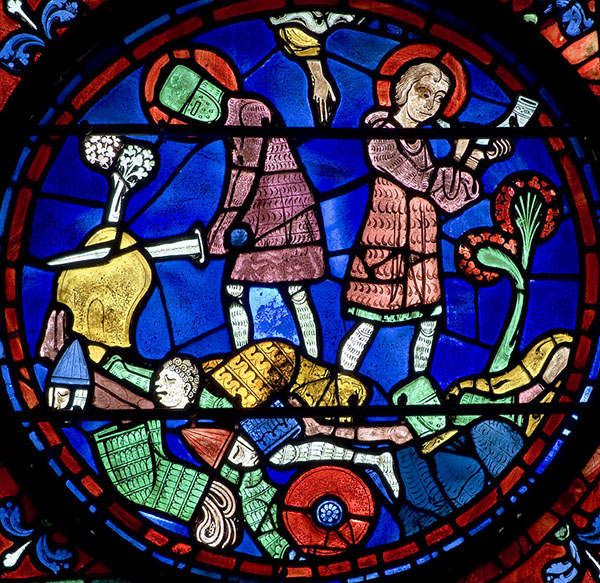 A vibrant stained glass window showing Roland hitting his sword into a rock.