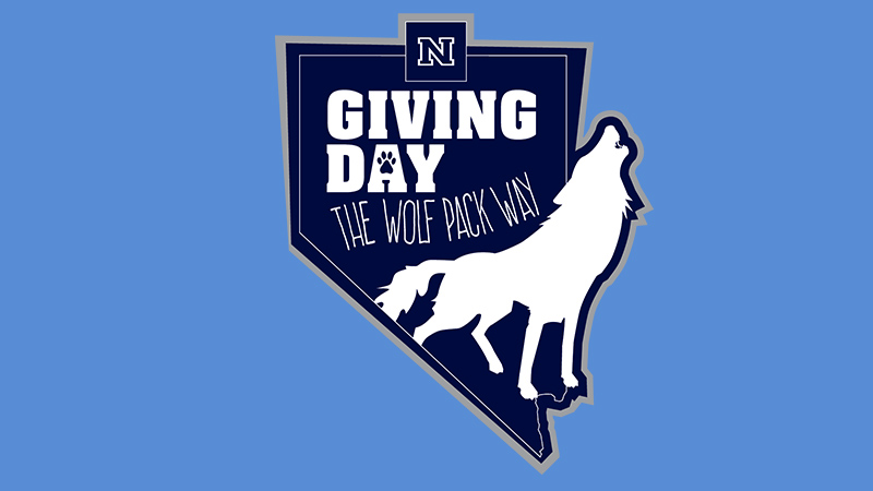 Logo for Giving Day 2023 featuring a howling wolf emerging from an outline of Nevada with the words "Giving Day, the Wolf Pack Way."