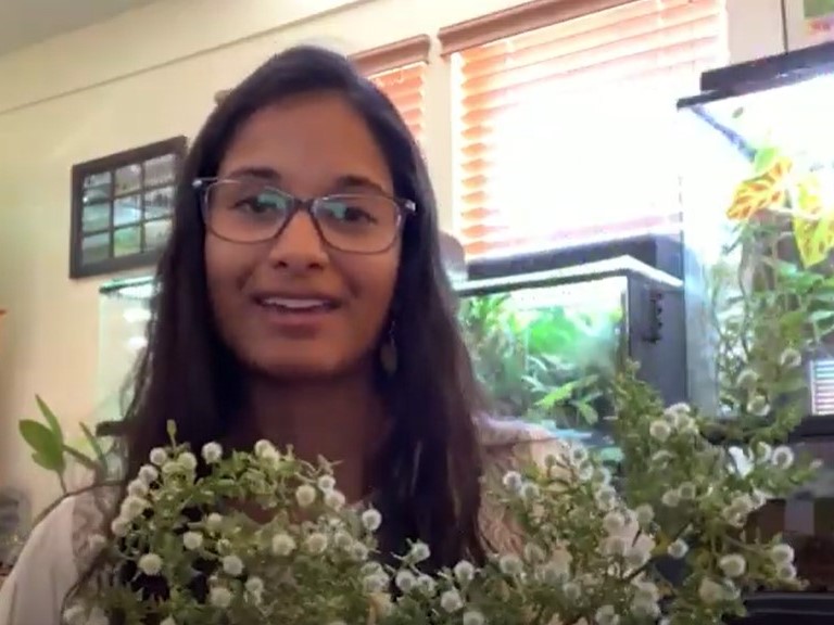 Desert Research Institute Assistant Research Scientist Tiffany Pereira holding some flowers in front of terreriums