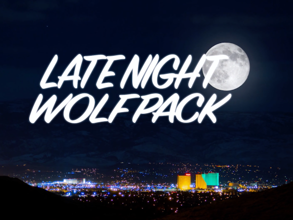 Title card for Latenight Wolfpack, showing the Reno skyline and moon.