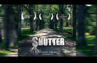 Title card from the film Shutter, showing the title and a forested lane.