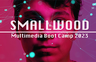 Title card from the the behind the scenes reel for the 2023 Smallwood Bootcamp, showing a participant with a network illustration superimposed over his face.